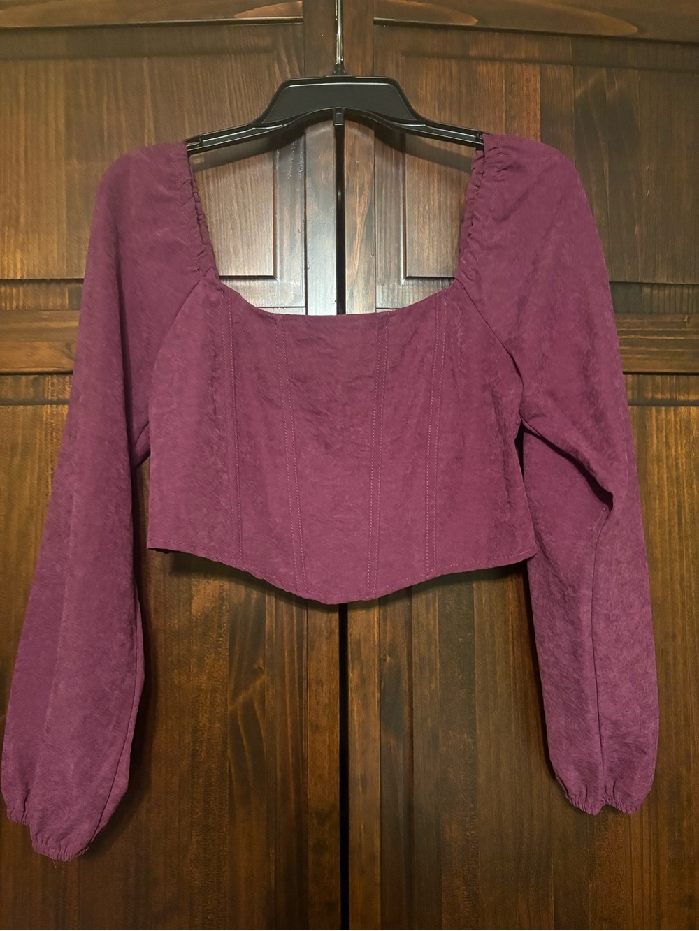 Square-Neck Plum Cropped Top with Puff Long Sleeves